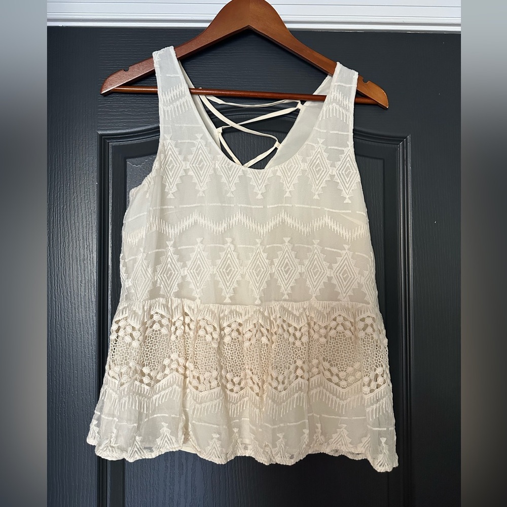 Laced-back cotton and silk swingy lace and embroidered tank | size S